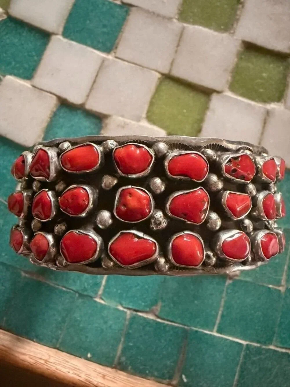 Vintage Navajo Sterling Silver & Coral Cabochon Cluster Cuff Bracelet Signed DM